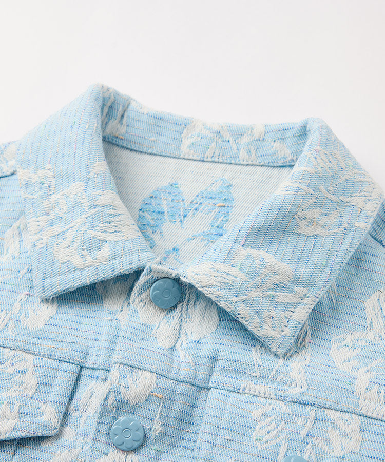 Kinder Mädchen Jeansmäntel, Bunte 3D-Blumen Jacquard Revers Denim Oberbekleidung