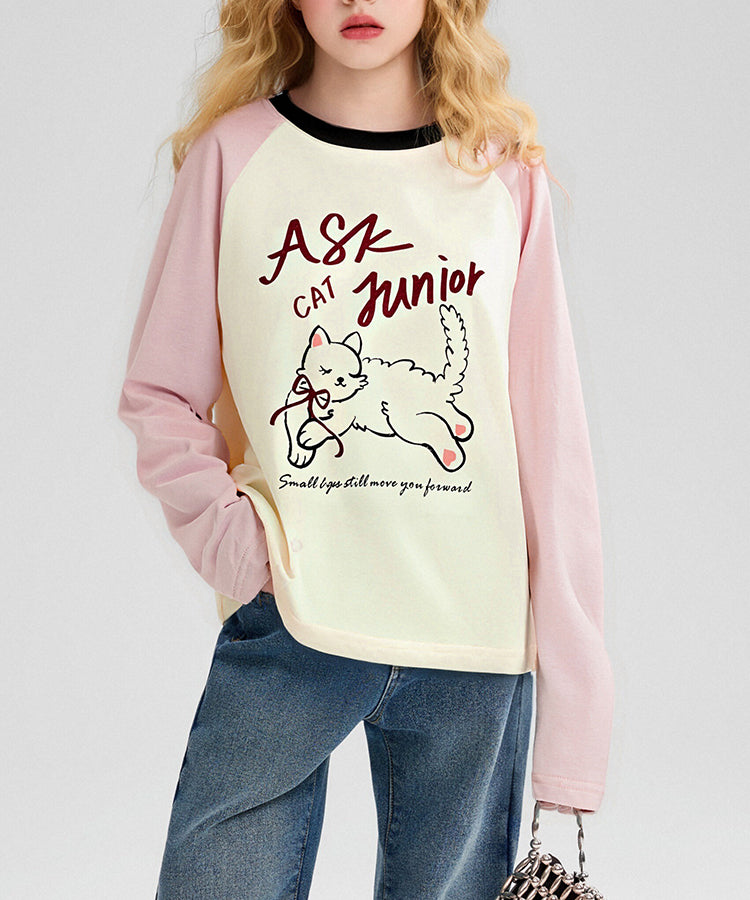 100% Cotton Kids Long Sleeve Top | Raglan Sleeve Cat Print T-Shirt | Soft Kids Clothes