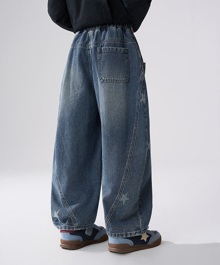 Boys Washed Denim Jeans | Star Print Curved Leg Pants for Kids