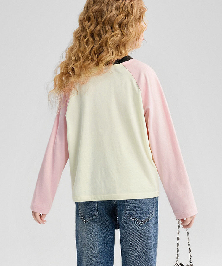 100% Cotton Kids Long Sleeve Top | Raglan Sleeve Cat Print T-Shirt | Soft Kids Clothes