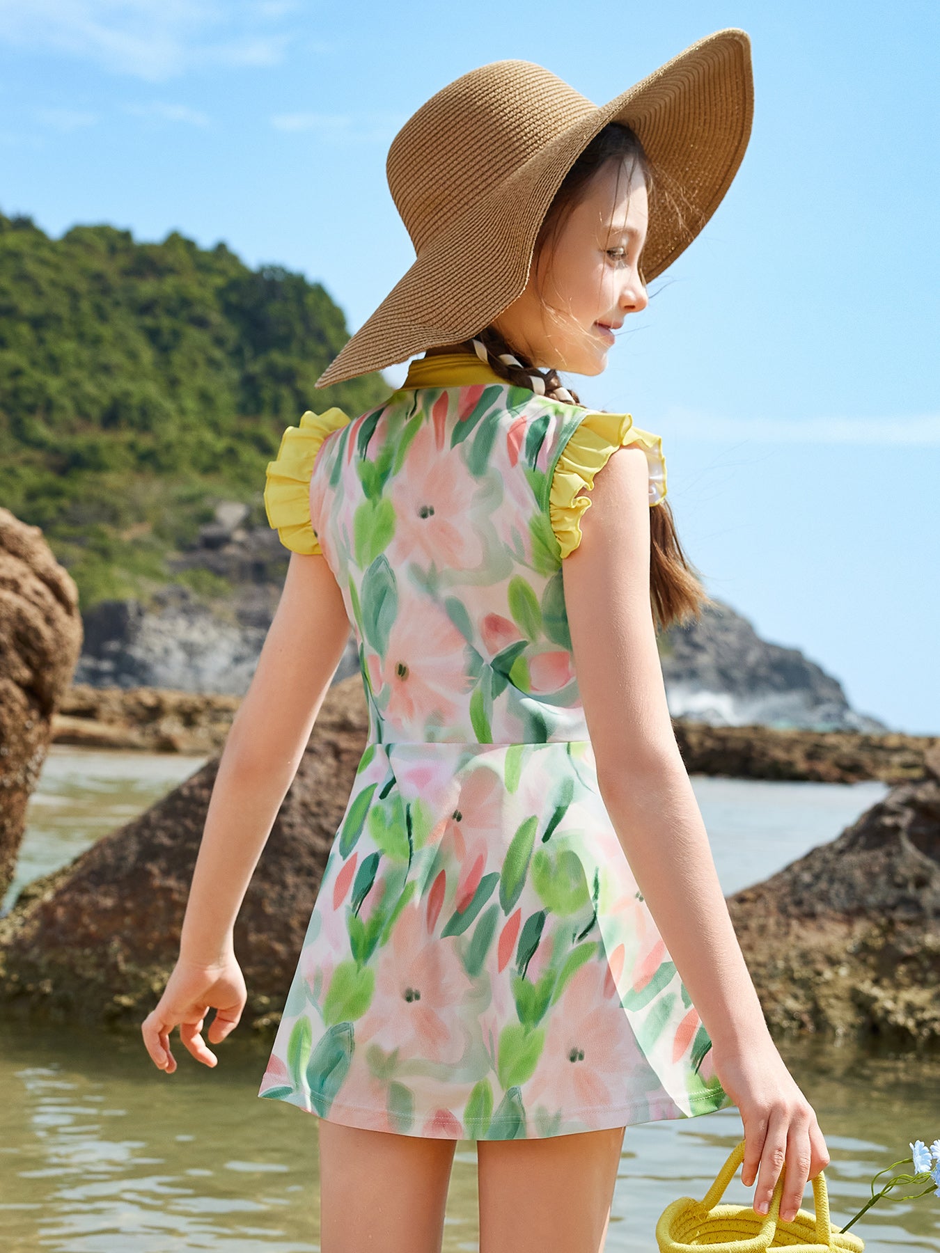 Kids Girls Swimwear Cheongsam 2-Piece Swim Dress and Short Set With Swim Cap