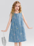 Washed Denim Kids Dress A-Line Sleeveless Casual Girls Fashion Dress