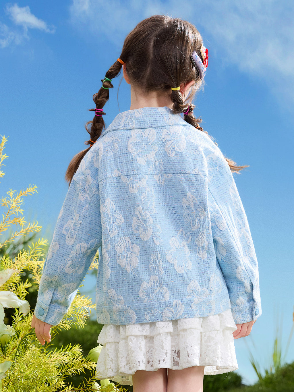 Kinder Mädchen Jeansmäntel, Bunte 3D-Blumen Jacquard Revers Denim Oberbekleidung