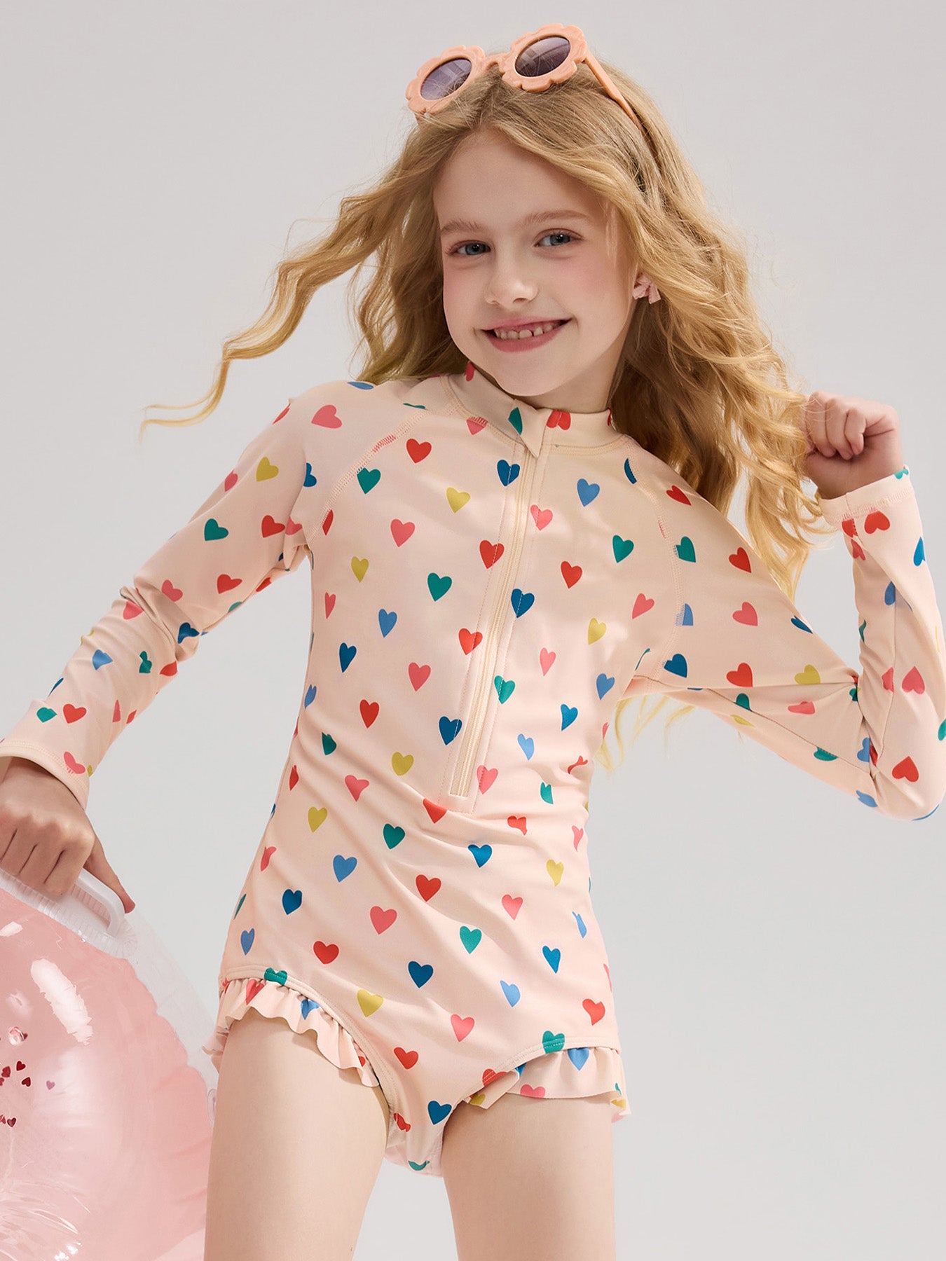 Kids Girls Long Sleeve Zipper One Piece Swimsuit With Swim Cap
