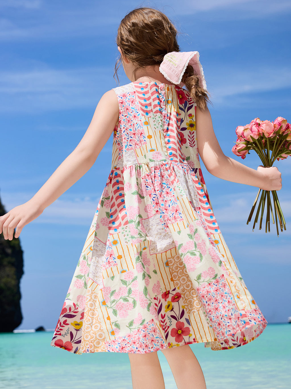 Frisches pastorales Blumenmuster Kinderkleid 100% Baumwolle Rundhals Ärmellos Mädchen Kleid