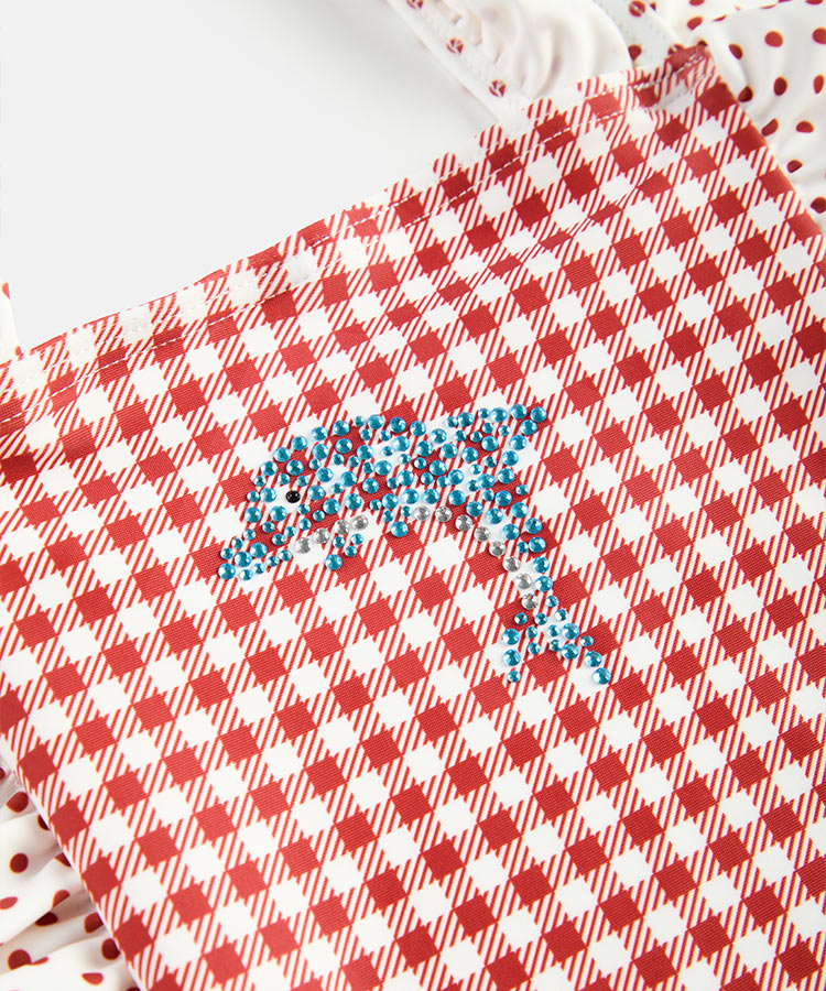 Polka Dot & Checkerboard Color Block One Piece Kids Girls Swimsuit