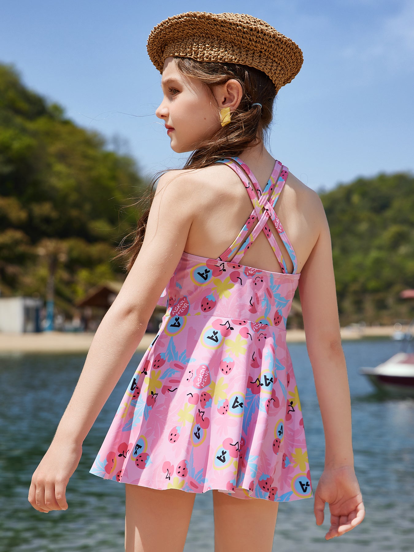 Kids Girls 2-Piece Sleeveless Skirt and Shorts Swimsuit