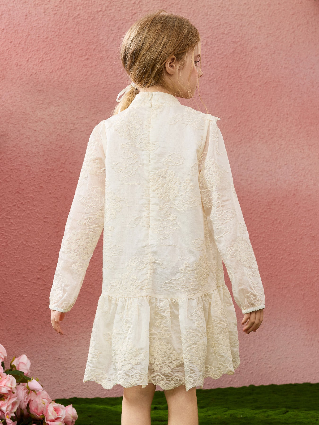 Lace Jacquard Long Sleeve Kids Dress