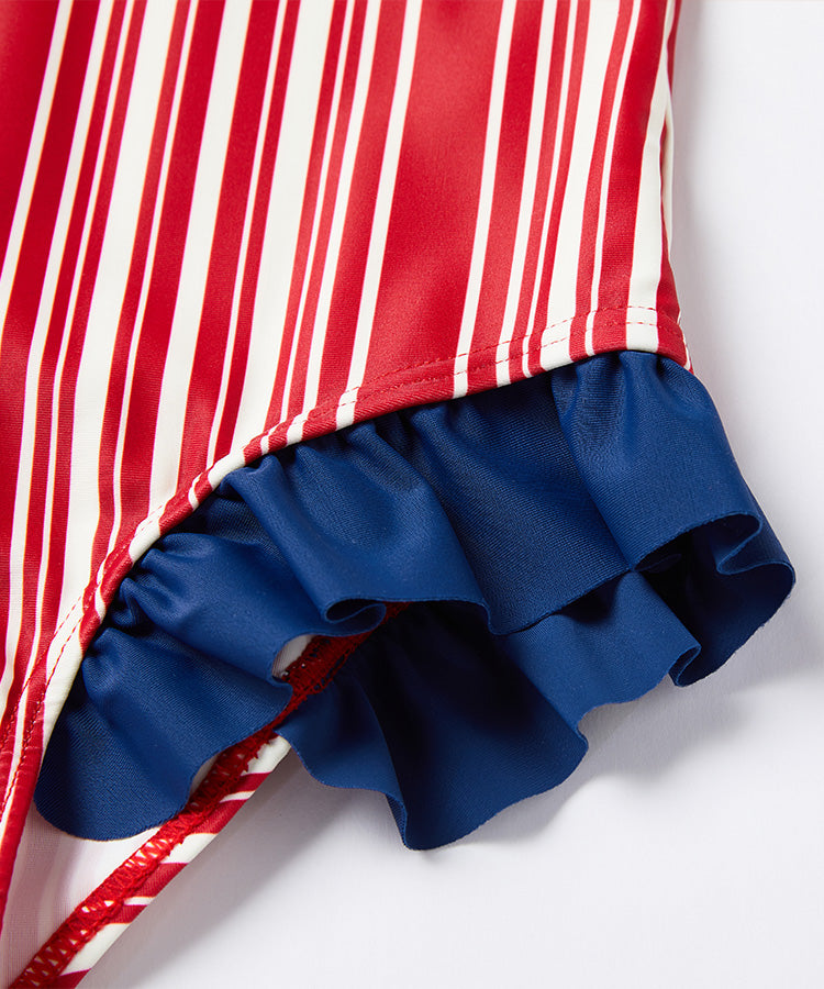Red Blue Color Block Sleeveless One Piece Kids Girls Swimsuit with Matching Swim Cap