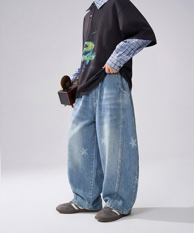 Boys Washed Denim Jeans | Star Print Curved Leg Pants for Kids