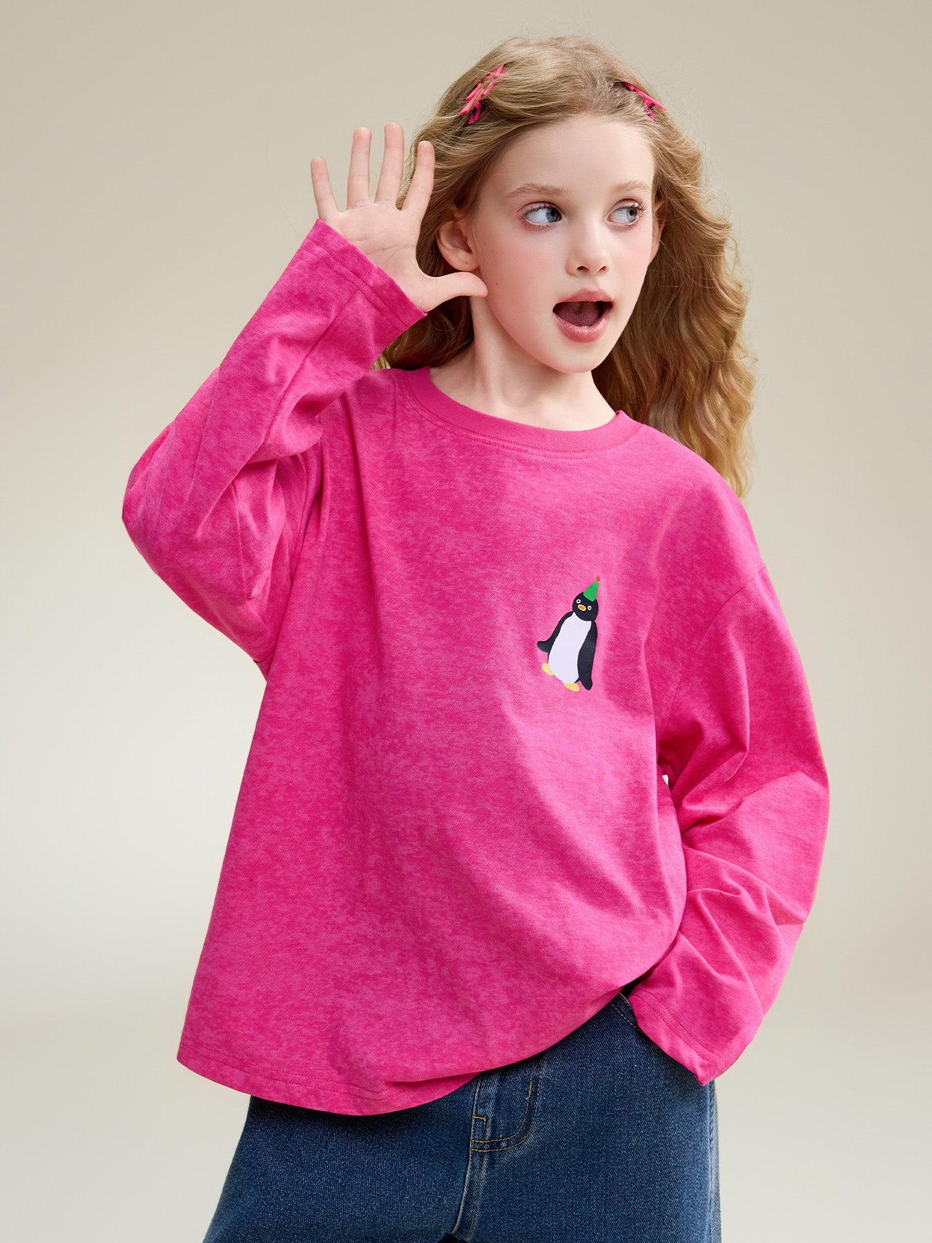 Haut de lavage en cire mignon pingouin surdimensionné pour enfants filles, t-shirt d'été 100 % coton