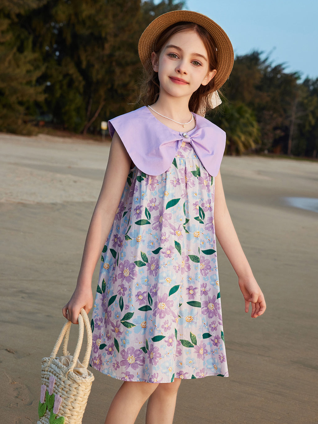 Big Lapel Full Floral Print Kids Dress 100% Cotton Sweet Sleeveless Girls Dress