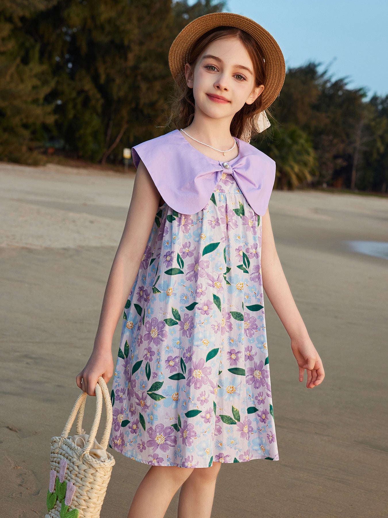 Big Lapel Full Floral Print Kids Dress 100% Cotton Sweet Sleeveless Girls Dress