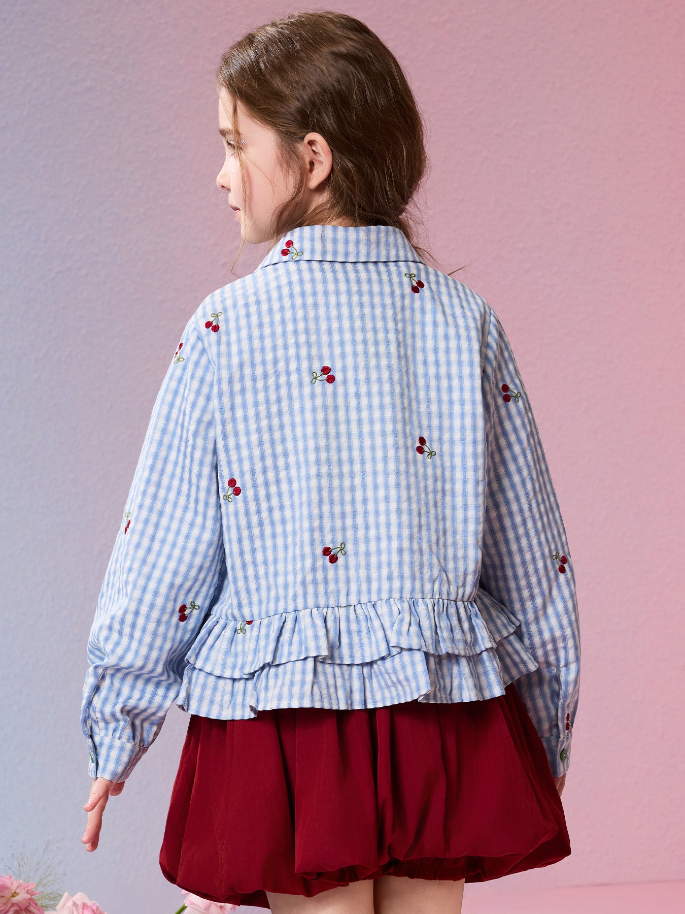 Joli Haut pour Enfants Filles à Carreaux Cerises, Blouse Ample Décontractée à Volants