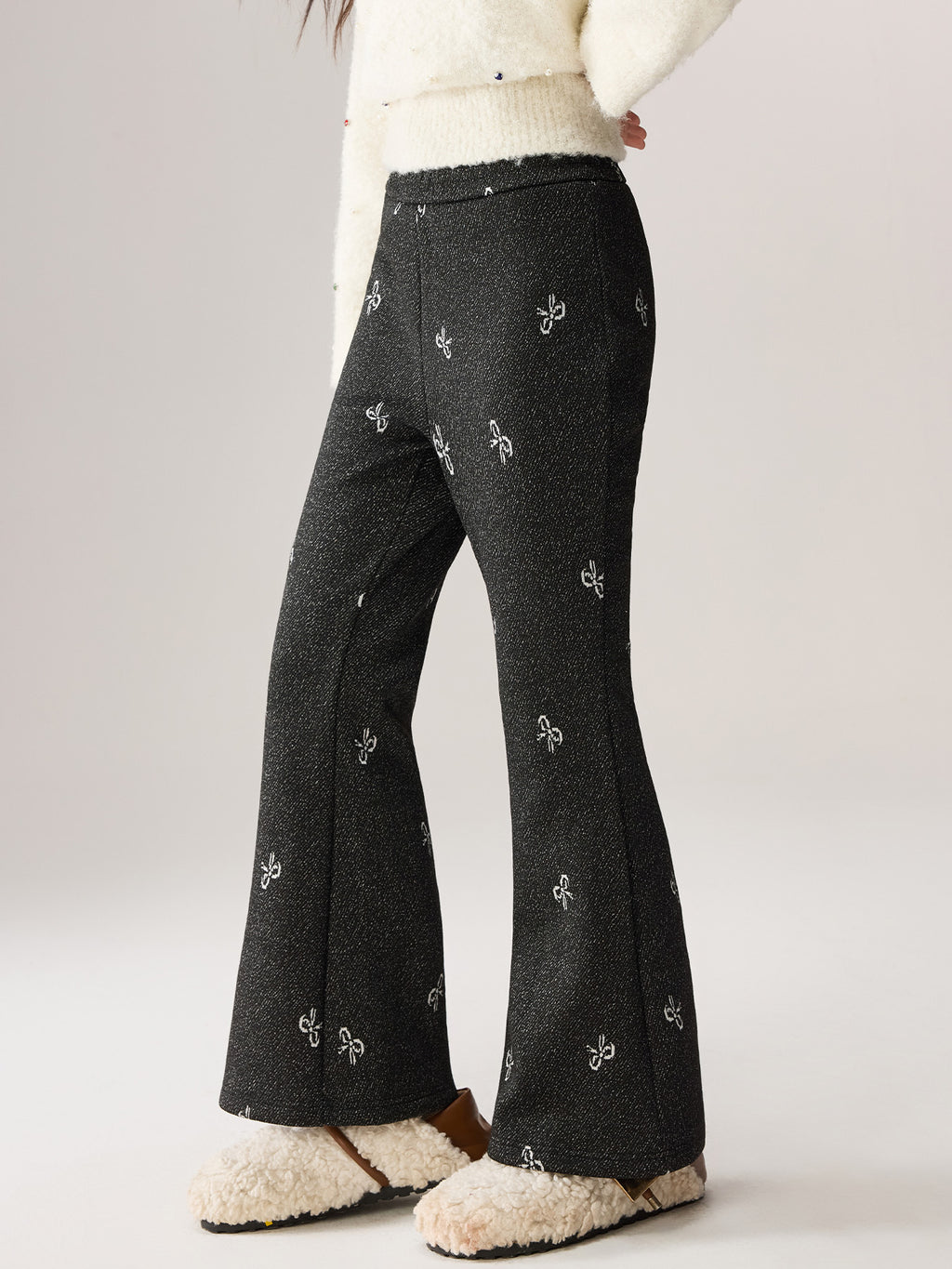 Girls Fleece-lined Jacquard Slight-flare Jeans Knit Trousers