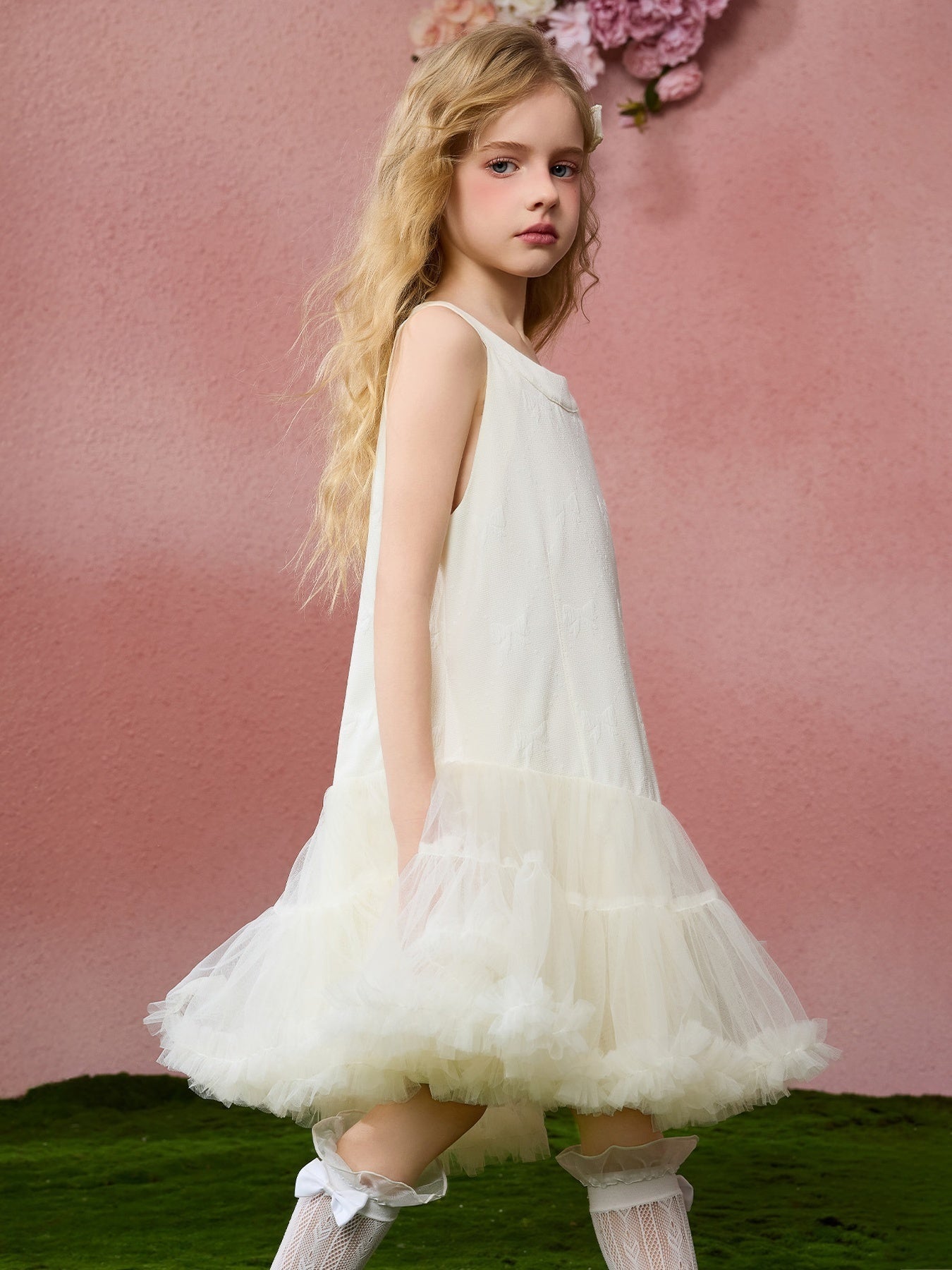 Irregular Tulle Tutu Kids Dress Jacquard Sleeveless Girls Dress