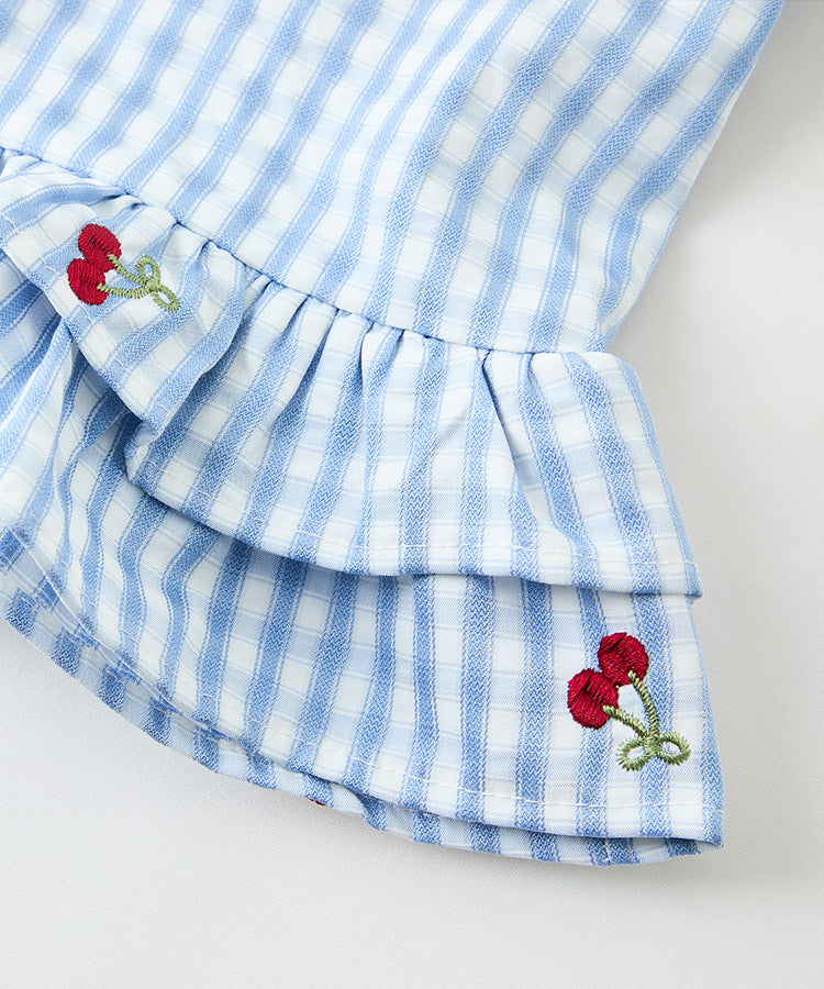 Cute Cherry Plaid Kids Girls Tops, Ruffled Hem Casual Loose Blouse