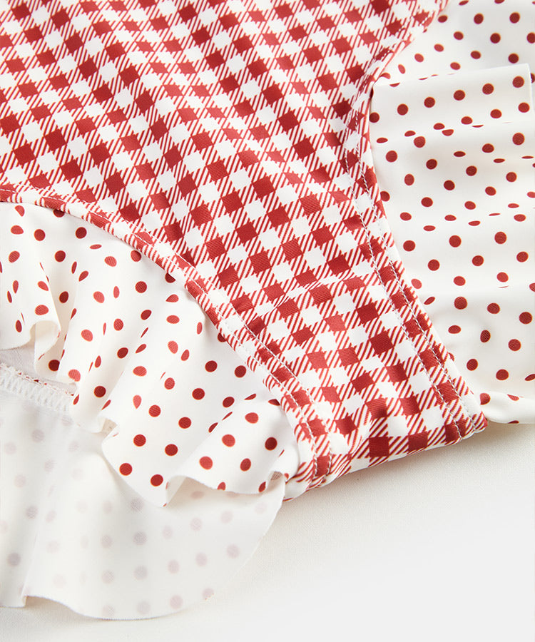 Polka Dot & Checkerboard Color Block One Piece Kids Girls Swimsuit