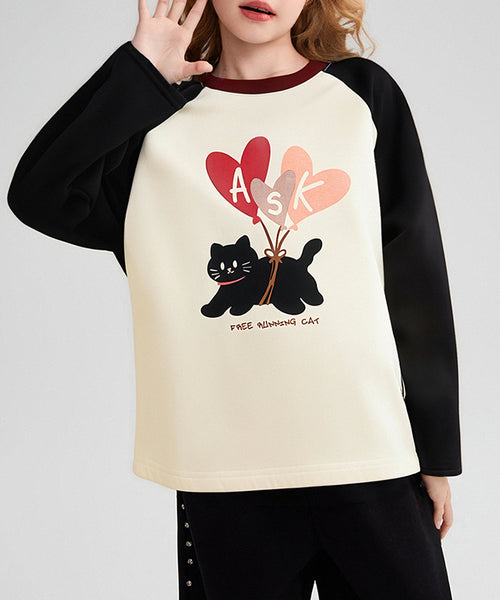 100% Cotton Kids Long Sleeve Top | Raglan Sleeve Cat Print T-Shirt