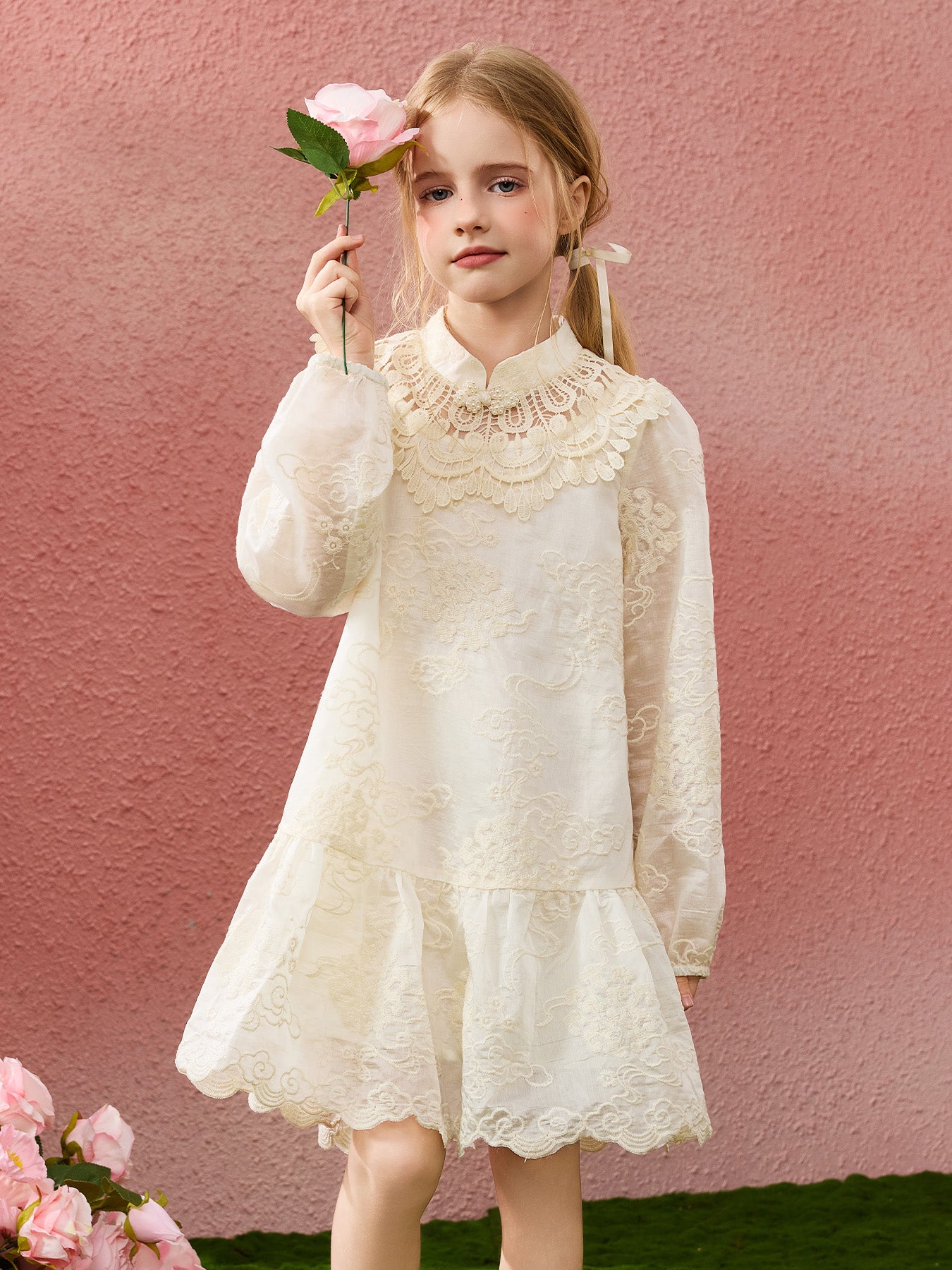 Lace Jacquard Long Sleeve Kids Dress
