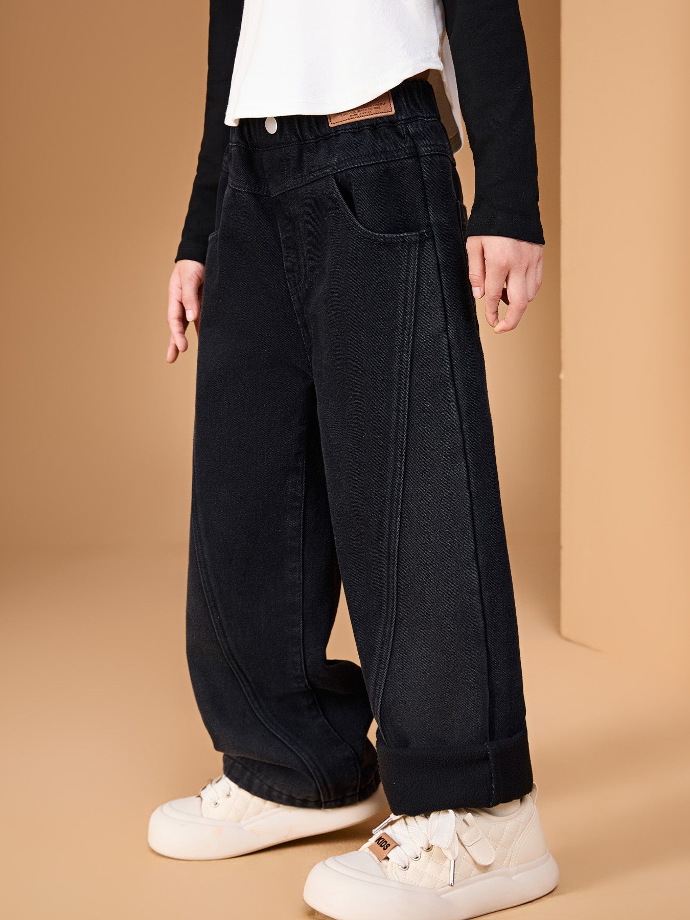 Kids Boys Warm Fleece Lined Jeans, Gradient Washed Straight Leg Denim Pants with Elastic Waist