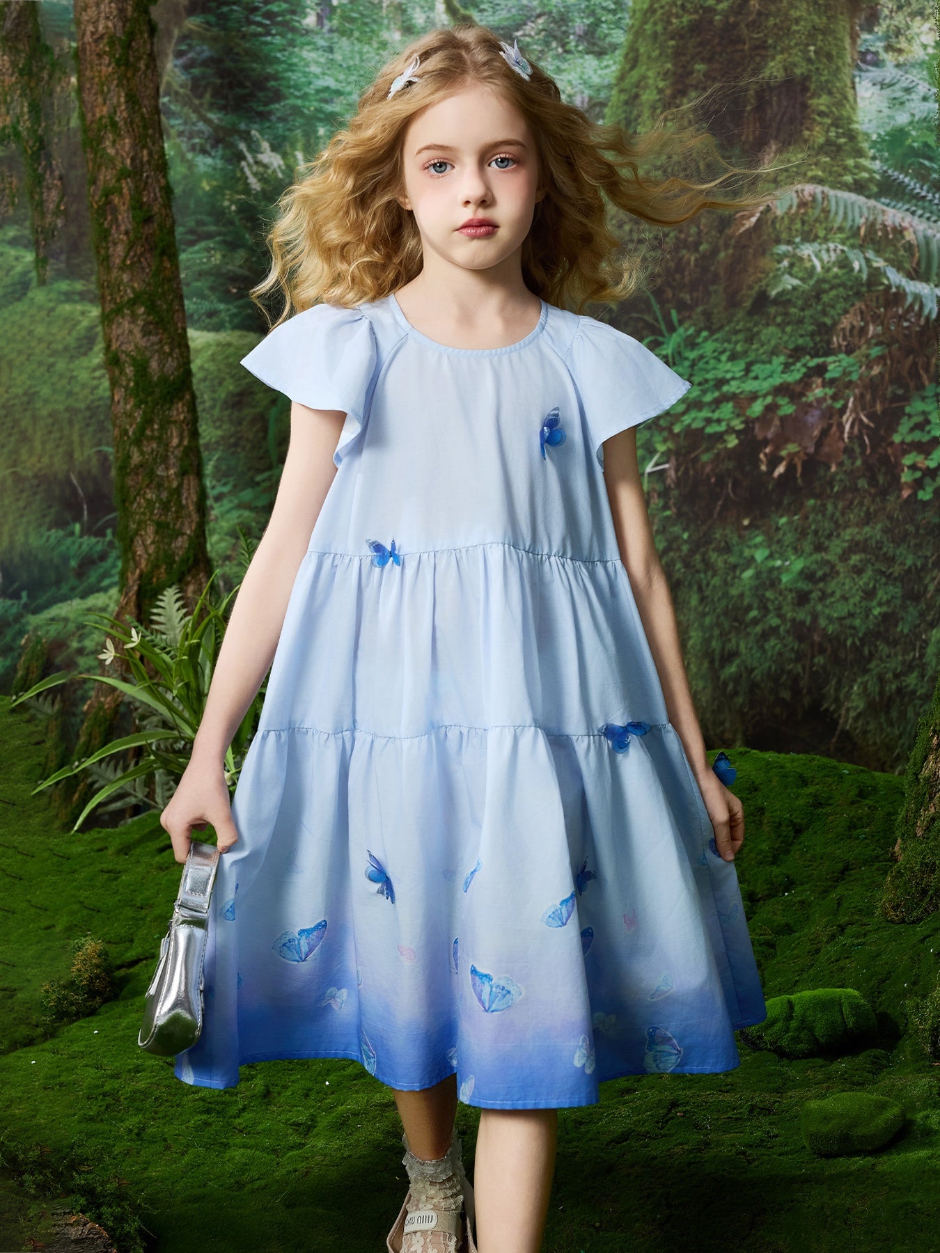 100% Cotton  A-Line Dress 3D Butterfly Decor Casual Swing Kids Girls Dress