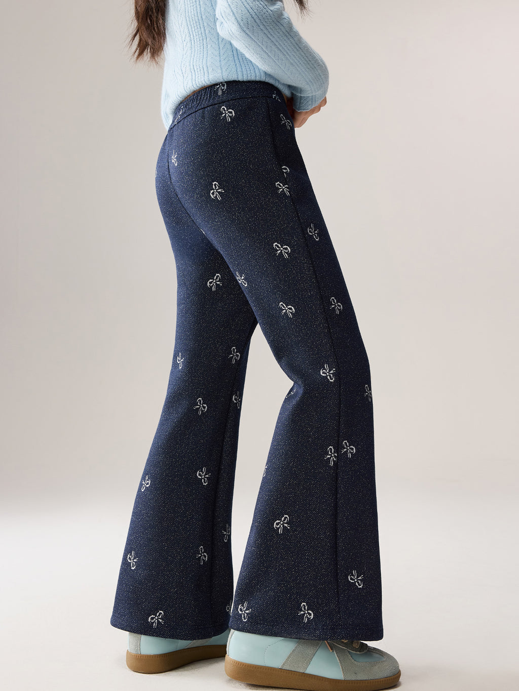 Girls Fleece-lined Jacquard Slight-flare Jeans Knit Trousers