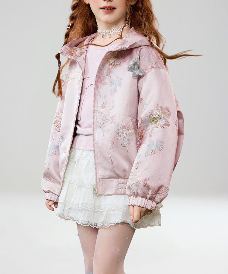 Girls Hooded Baseball Jacket | Autumn Chinoiserie Jacquard Varsity Coat