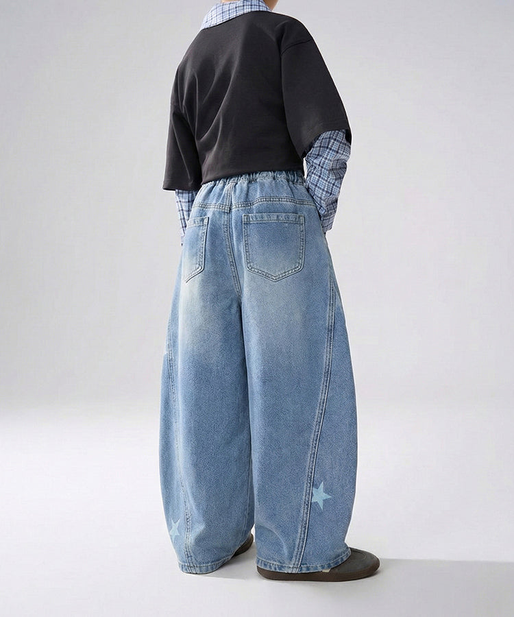 Boys Washed Denim Jeans | Star Print Curved Leg Pants for Kids