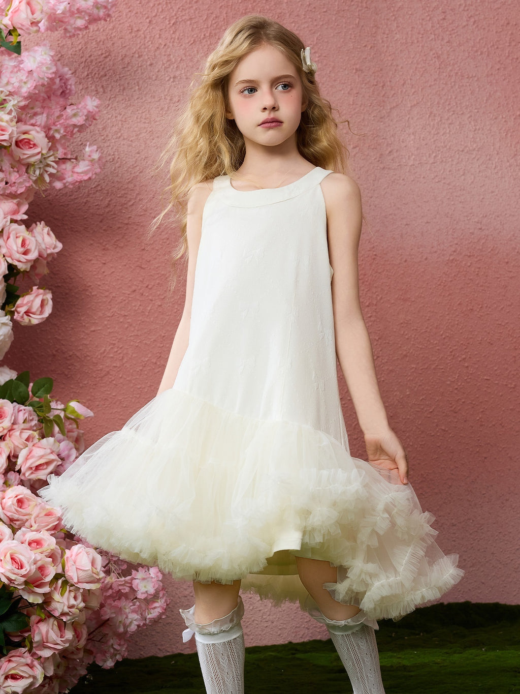Robe irrégulière en tulle tutu pour enfants, sans manches, en jacquard pour filles