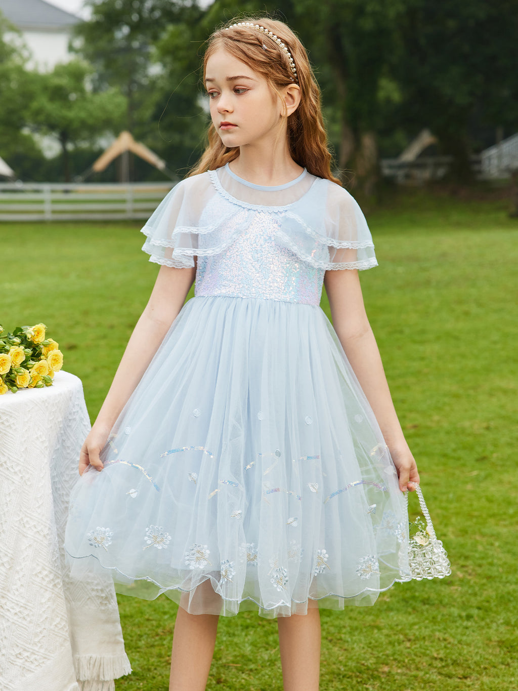 Soft Mesh Shawl Sleeve Kids Dress Girls Sequin Embroidery Princess Casual Party Dress