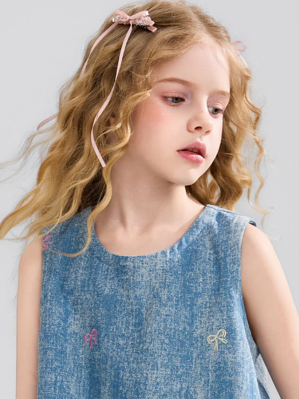 Washed Denim Kids Dress A-Line Sleeveless Casual Girls Fashion Dress