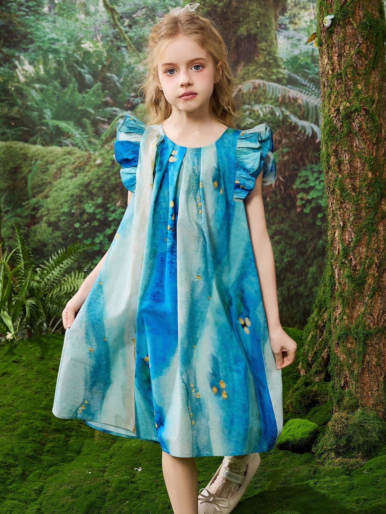 Graffiti Print Fly Sleeve Kids Dress 100% Cotton Casual Girls Dress