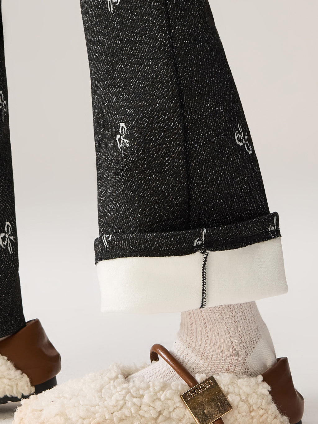 Girls Fleece-lined Jacquard Slight-flare Jeans Knit Trousers