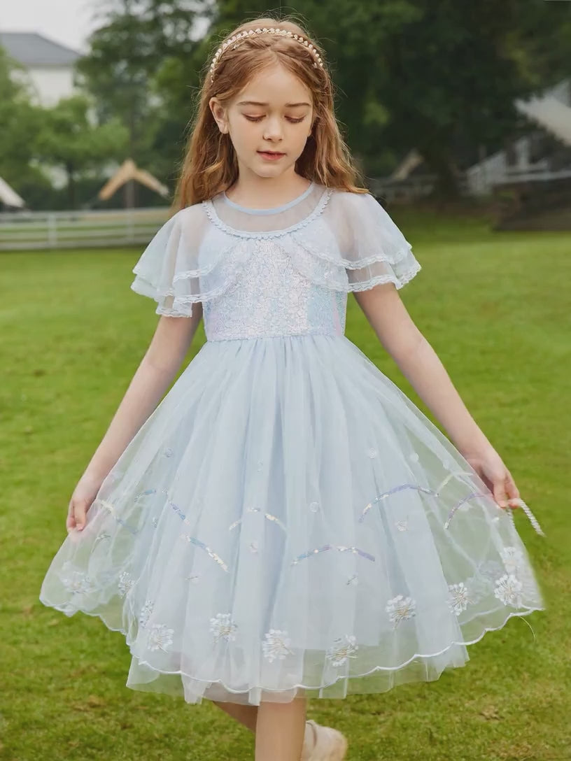 Soft Mesh Shawl Sleeve Kids Dress Girls Sequin Embroidery Princess Casual Party Dress
