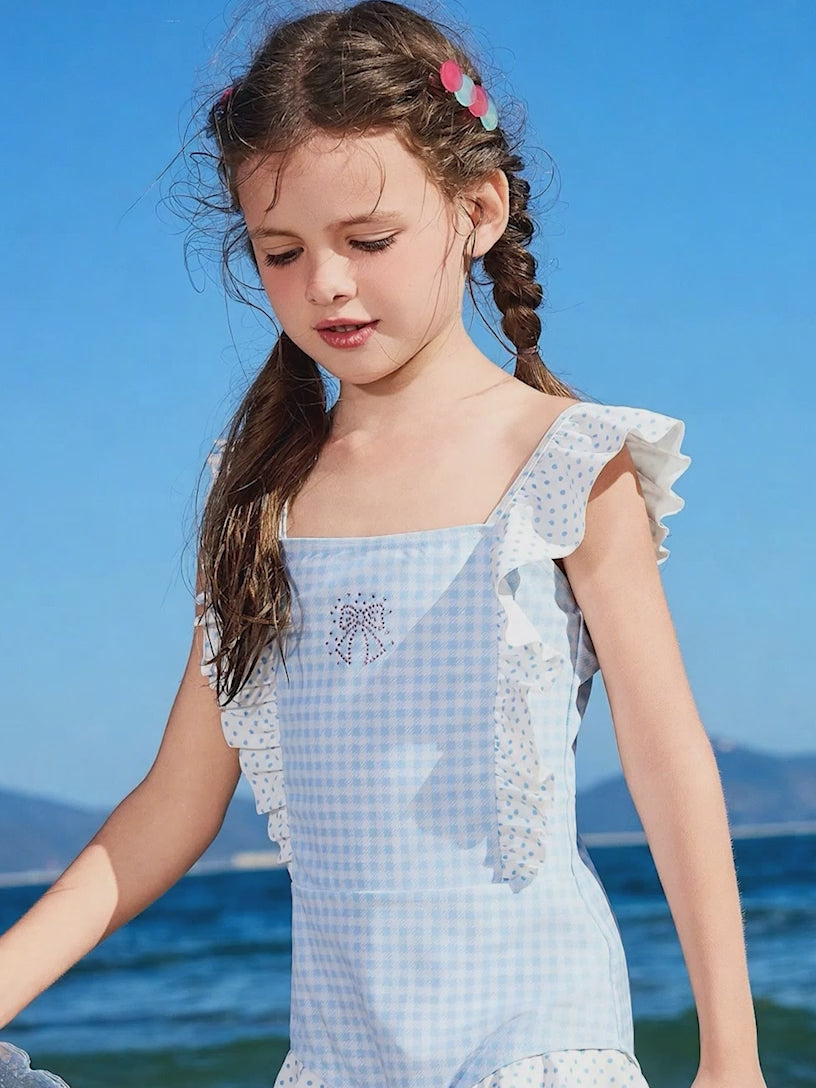 Polka Dot & Checkerboard Color Block One Piece Kids Girls Swimsuit