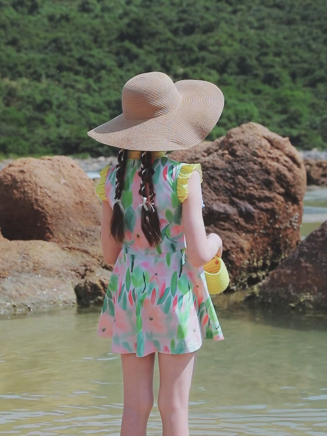Kids Girls Swimwear Cheongsam 2-Piece Swim Dress and Short Set With Swim Cap