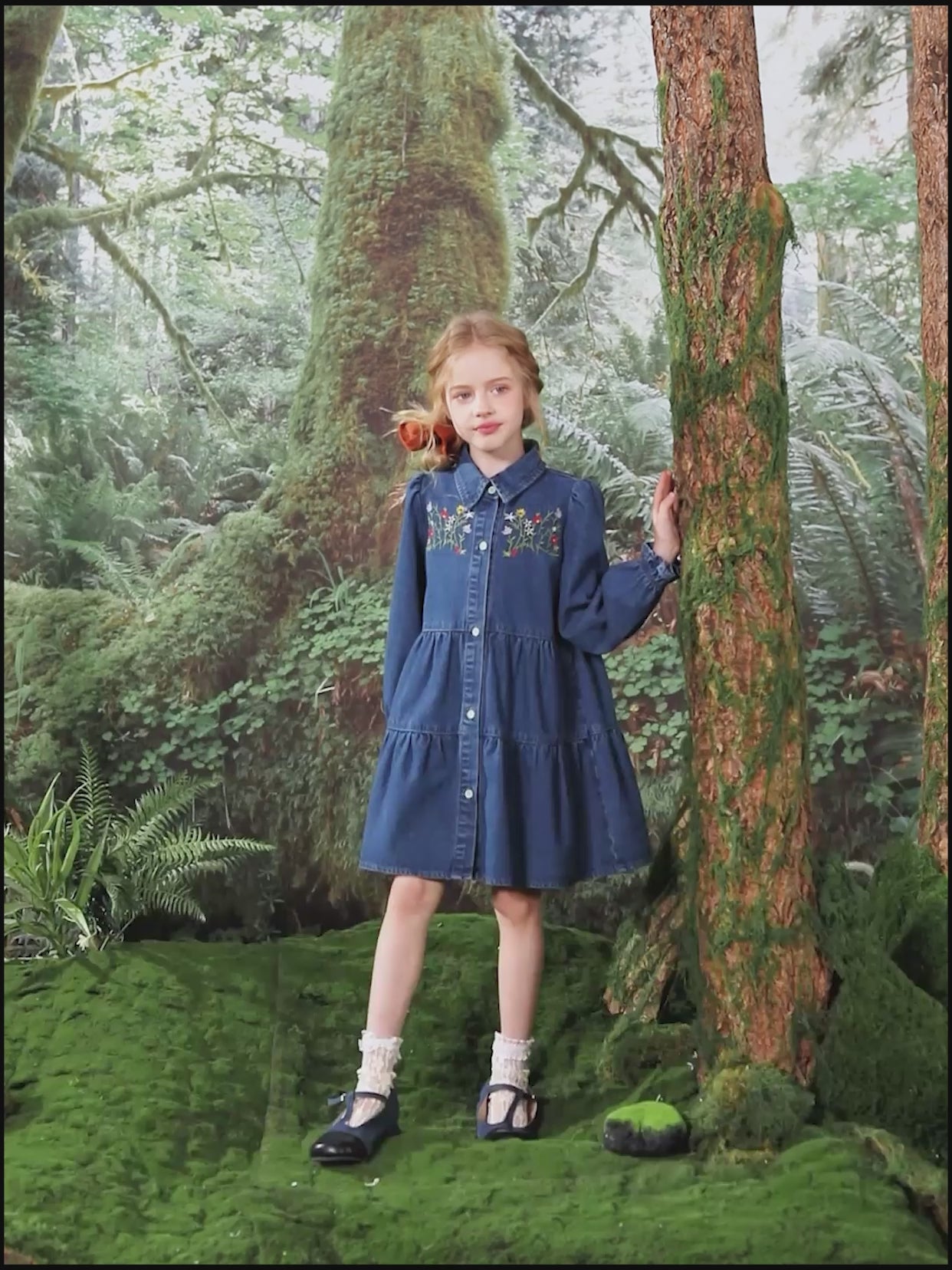 Dark Blue Ruffle Hem Denim Kids Dress