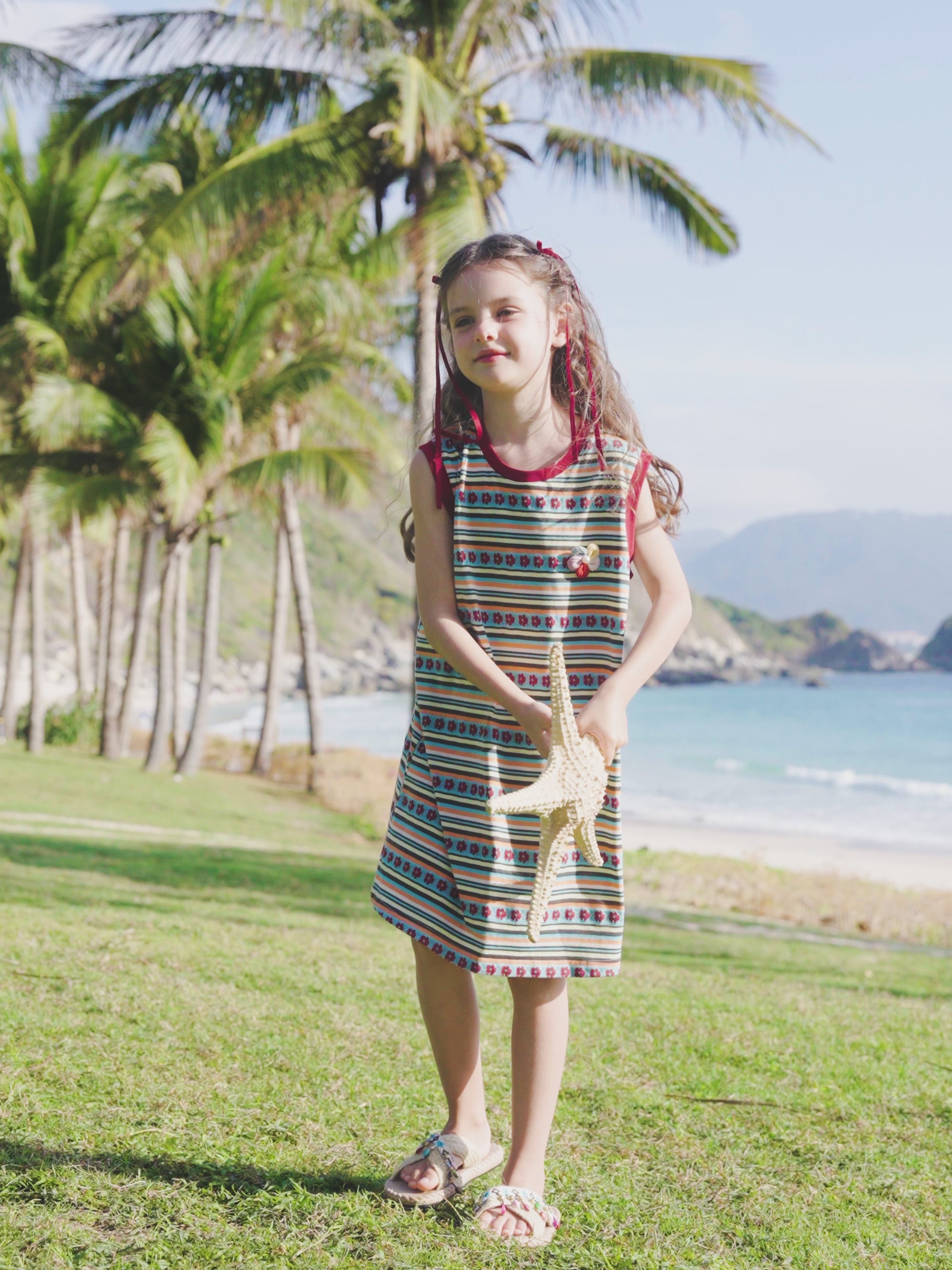 Rainbow Color Block Kids Dress 3D Flower Sleeveless Girls Casual Dress
