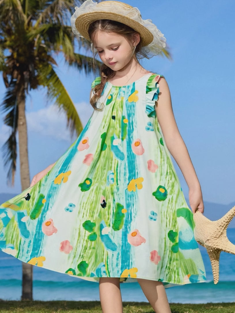 Graffiti Print Fly Sleeve Kids Dress 100% Cotton Casual Girls Dress