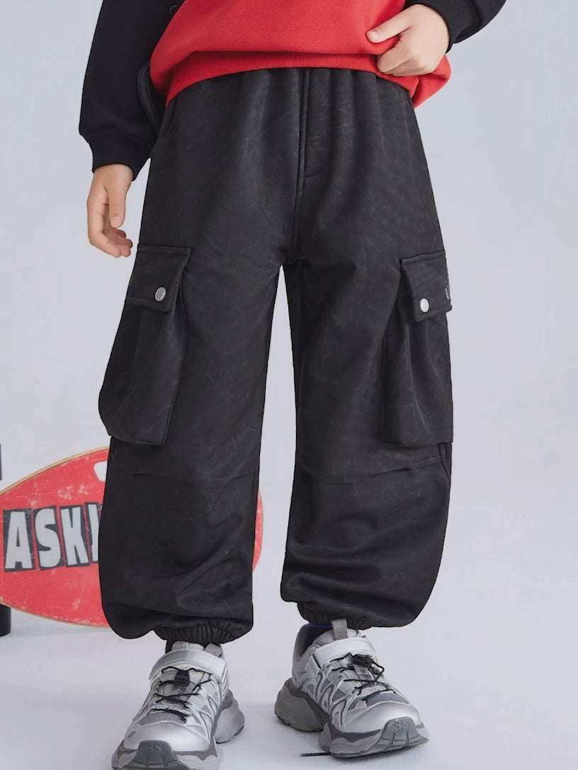 Jungen Vintage Gewaschene Integrierte Fleece-Lose Hose, Lässige Warme Kinderhose für Herbst Winter