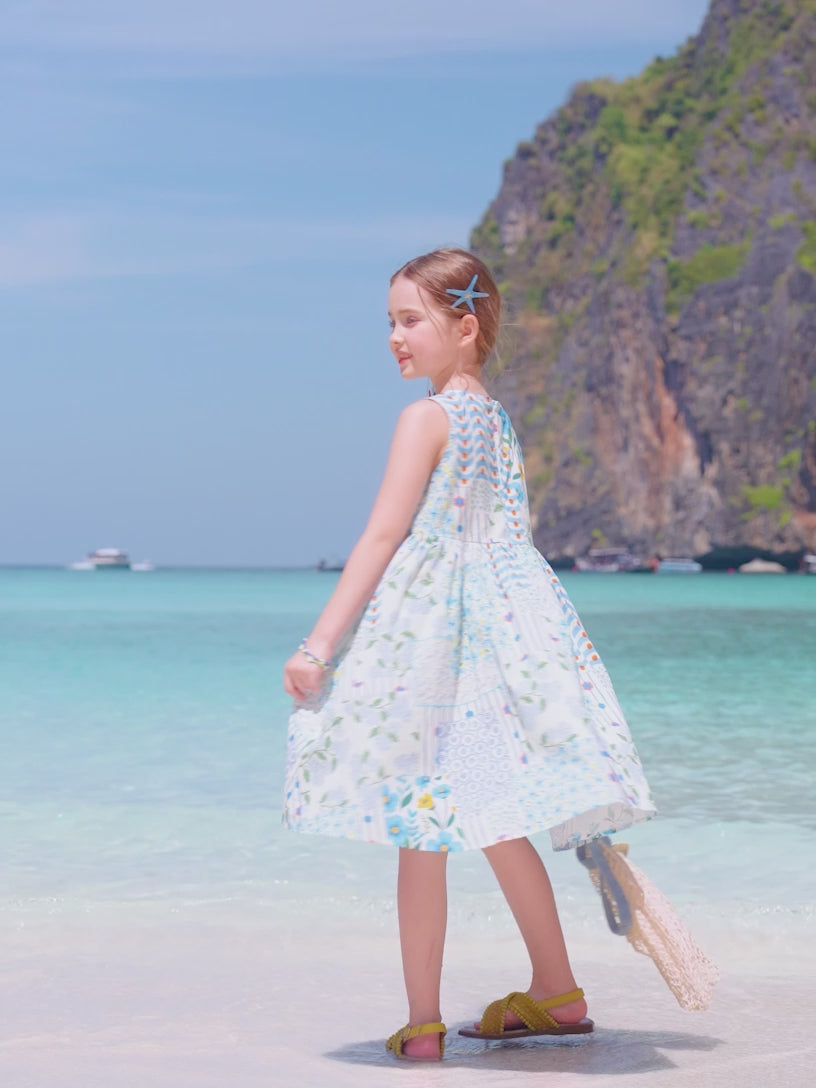 Fresh Pastoral Floral Print Kids Dress 100% Cotton Round Neck Sleeveless Girls Dress