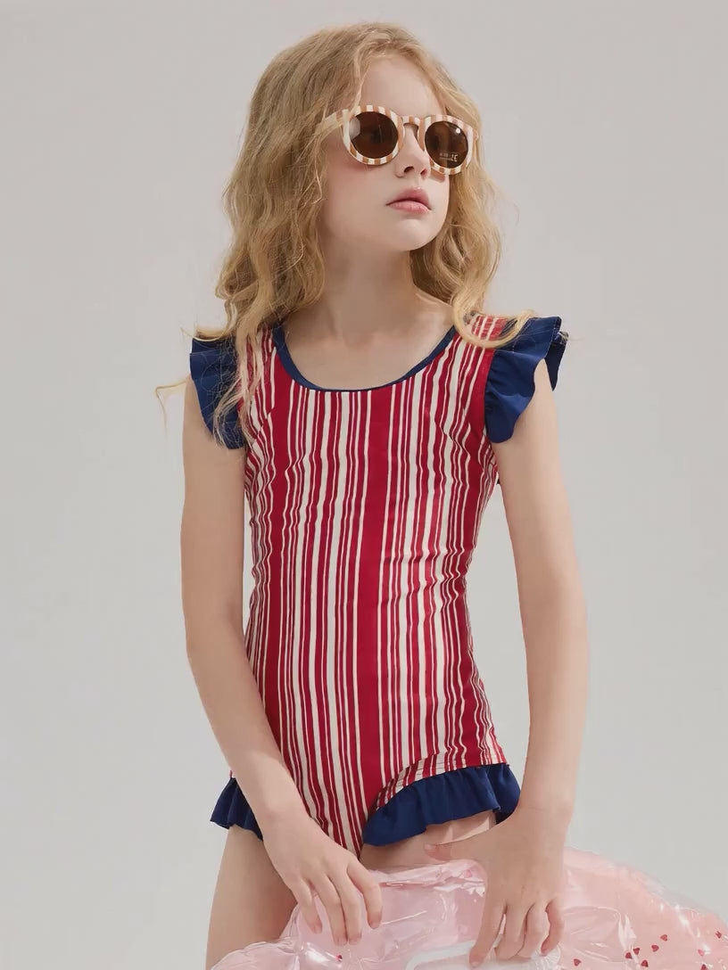 Red Blue Color Block Sleeveless One Piece Kids Girls Swimsuit with Matching Swim Cap