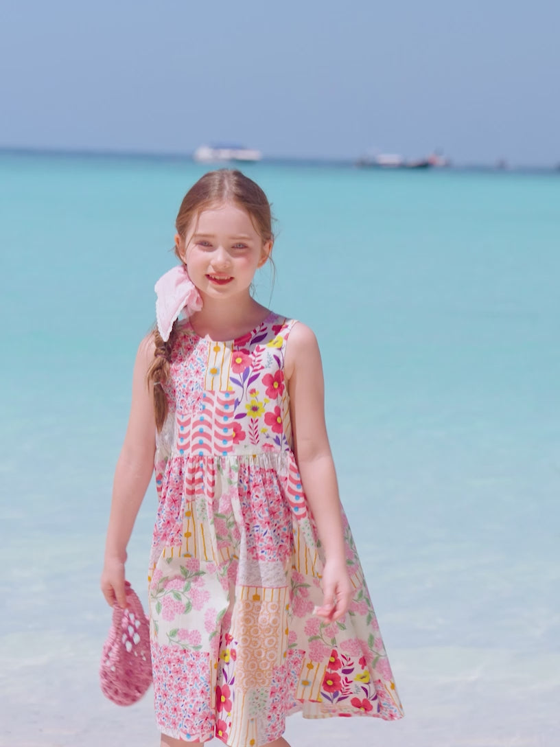 Frisches pastorales Blumenmuster Kinderkleid 100% Baumwolle Rundhals Ärmellos Mädchen Kleid