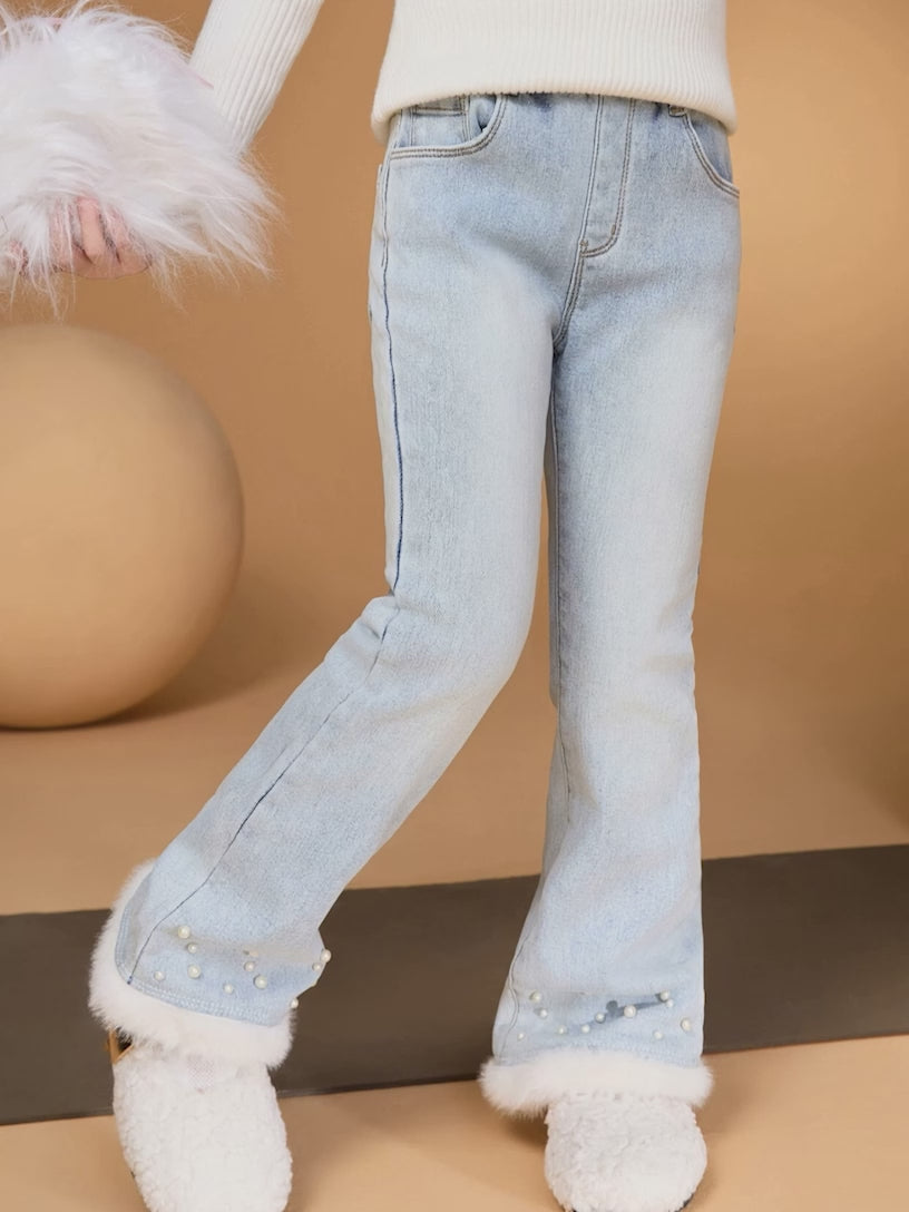 Jeans évasés chauds doublés polaire pour filles, pantalon stretch décontracté pour enfants pour l'automne et l'hiver