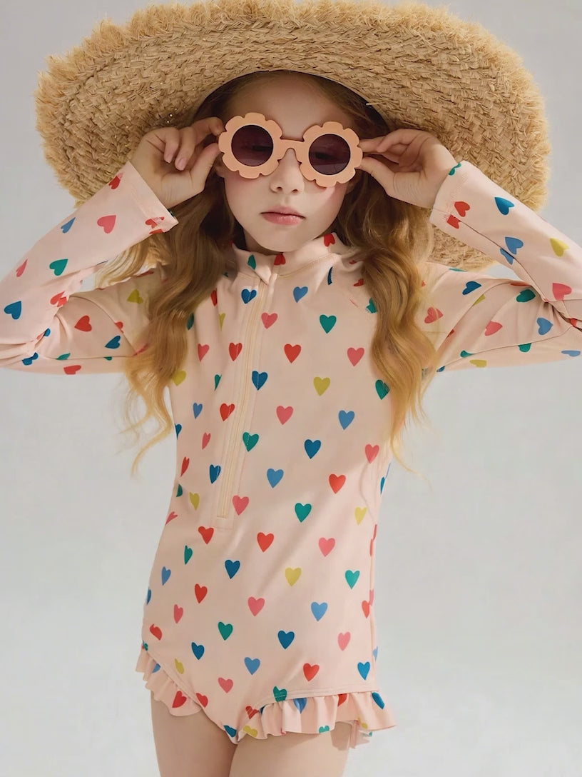 Kids Girls Long Sleeve Zipper One Piece Swimsuit With Swim Cap